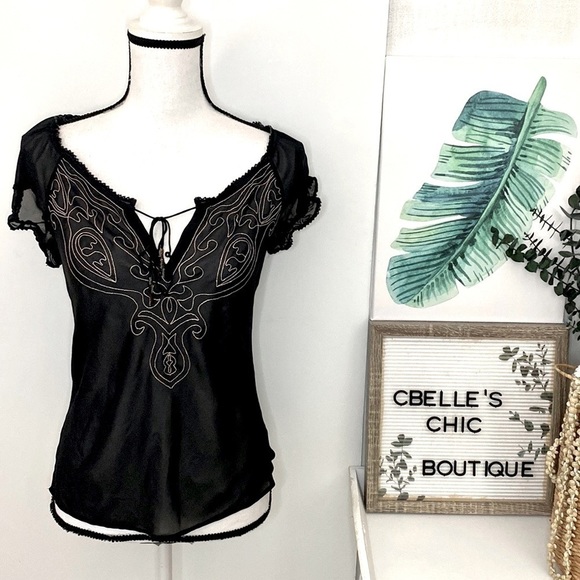 Victoria’s Secret Black Semi-Sheer Embroidered Top/Lingère - Picture 1 of 8